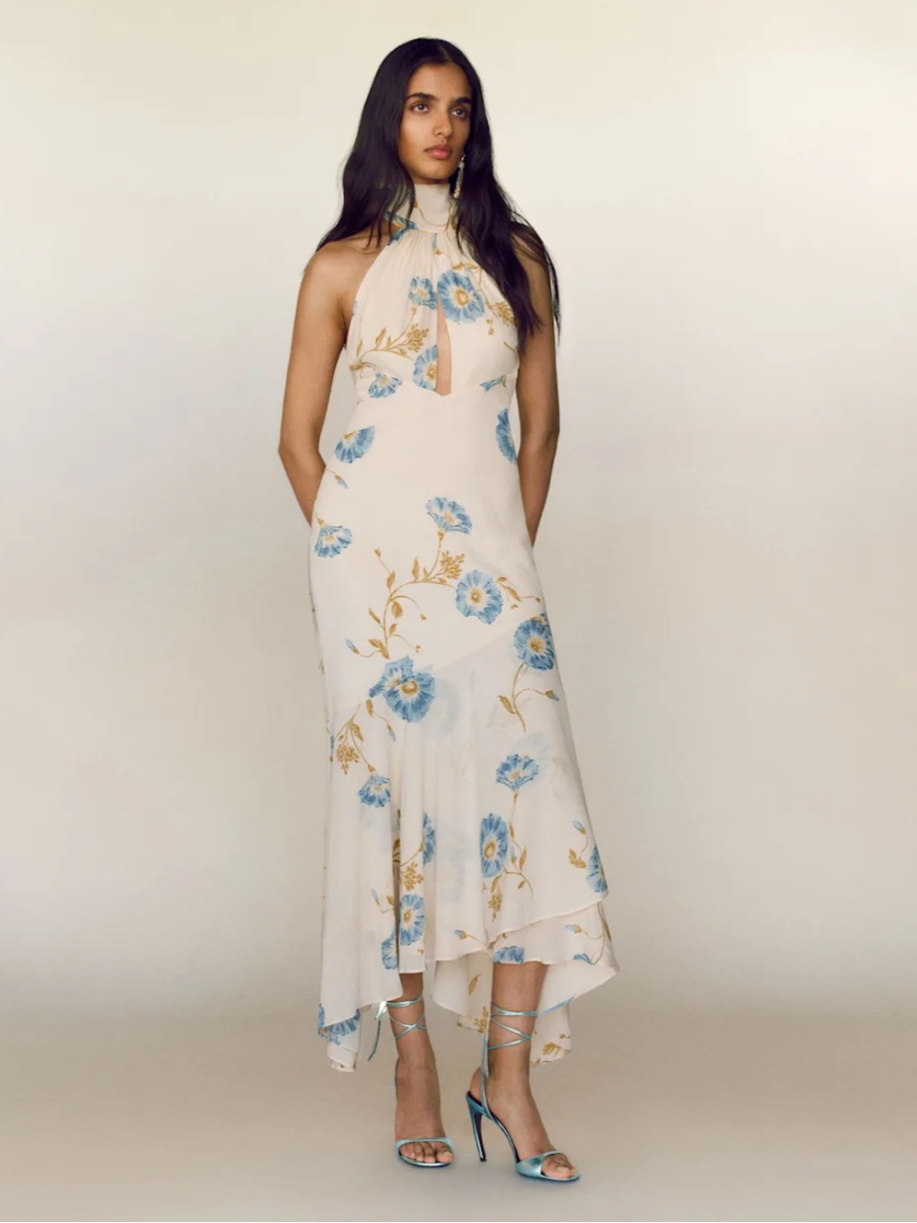 Reformation Mela Cream Halter Midi Dress With Blue Floral